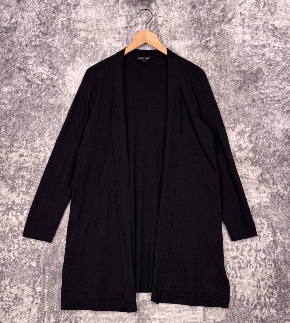 Eileen Fisher Sweater Cardigan XL Womens Black Superfine Merino Wool Open Front